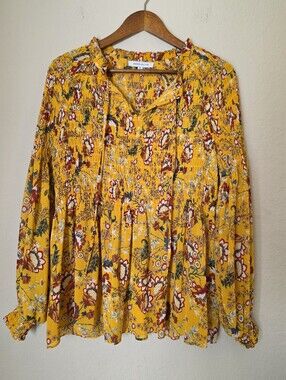 Rose & Olive Smocked Peasant Top Womens Size Medium Mustard Gold Multi Floral